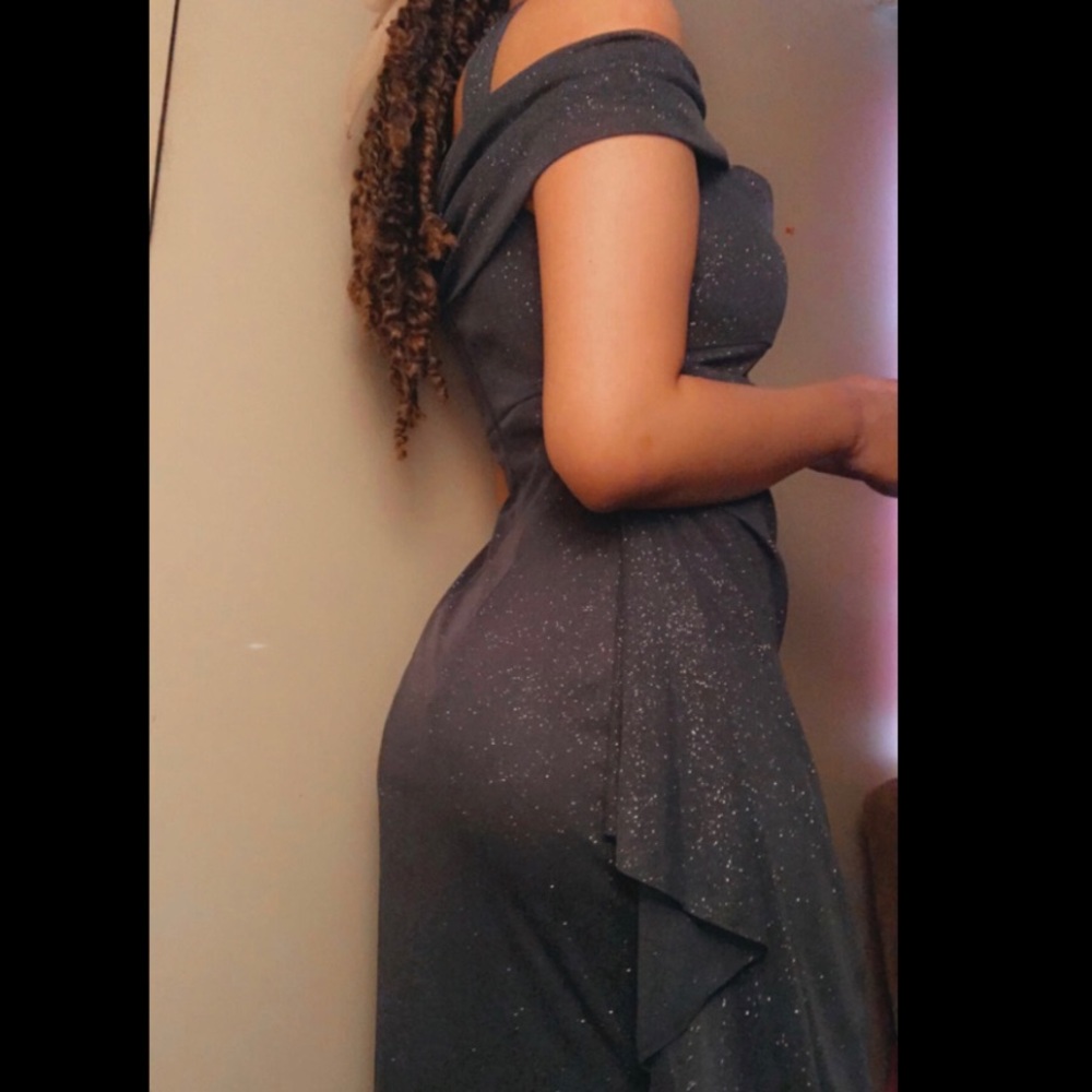 Formal grey sparkly long off the shoulder tress